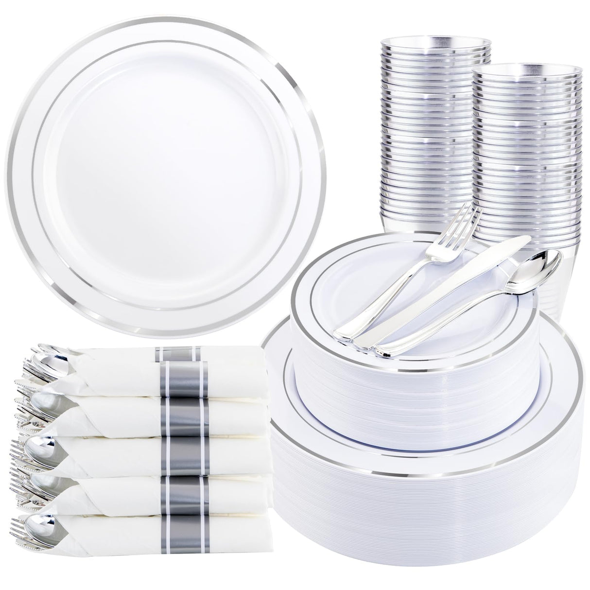 WDF Partyware 350Piece Silver Plastic Dinnerware Set for 50 Guests - Silver Plastic Plates with Cutlery Include:50Dinner Plates-50Dessert Plates-50Pre Rolled Napkins with Silverware for Christmas