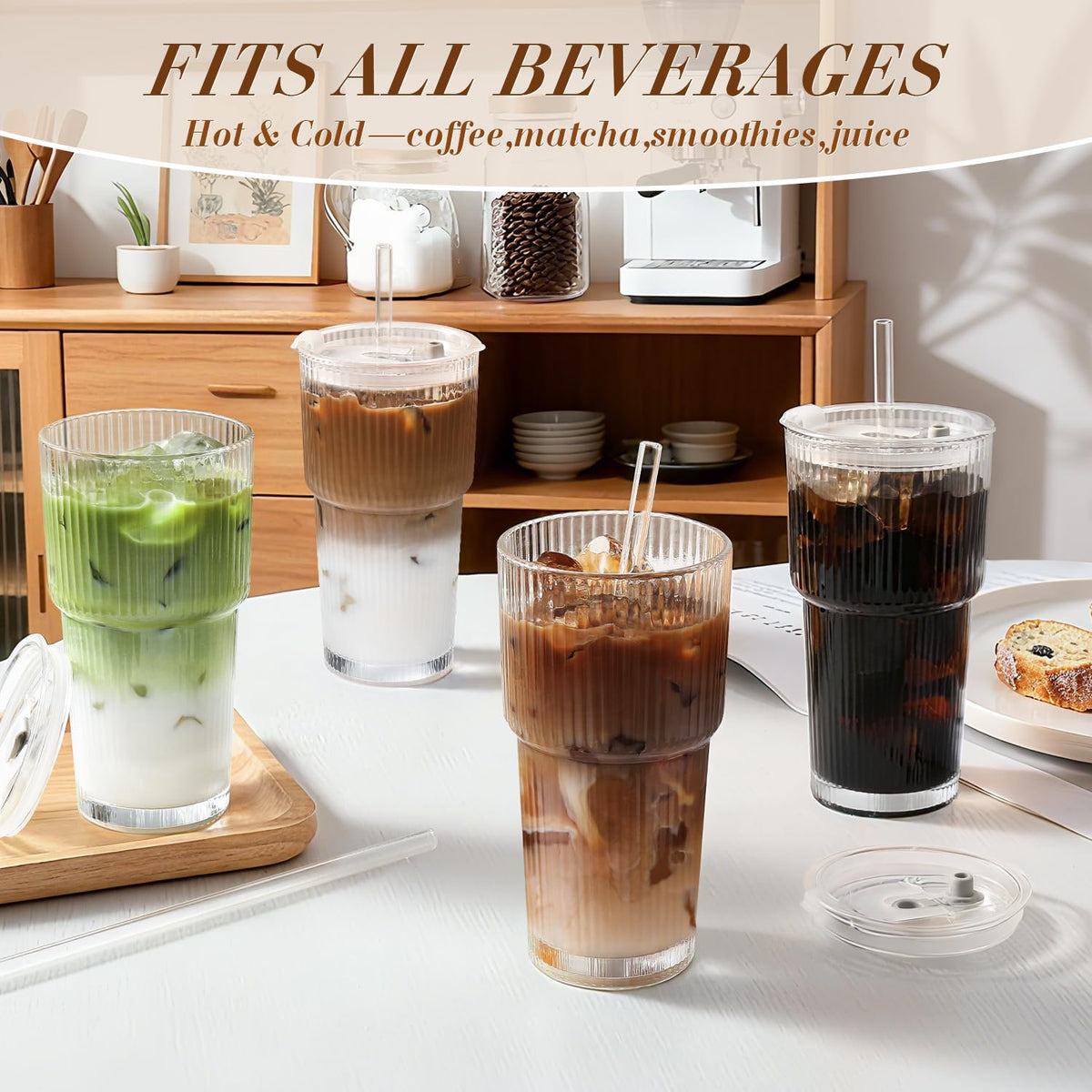 Iced Coffee Cups with Lids,Glass Cups with Lids and Straws,4 Coffee Tumbler