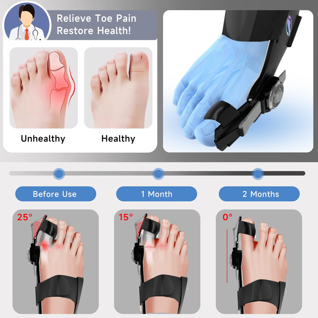 HUQKIYA Bunion Corrector for Women & Men, Orthopedic Bunion Splint with Toe Separator Adjustable Toe Straightener Suitable for Left/Right Feet Hallux Valgus Relief(Black 2Pcs)