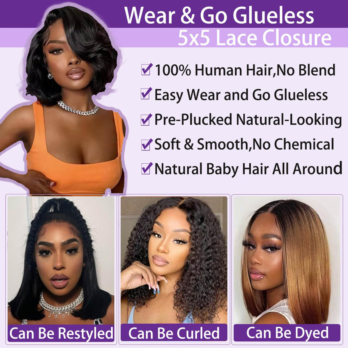 Bob Wig Human Hair Glueless Wigs Human Hair Pre Plucked Pre Cut Body Wave 5x5 HD Transparent Closure Wigs 180% Density 100% Brazilian Virgin Hair Short Wigs for Black Women (10 inch)