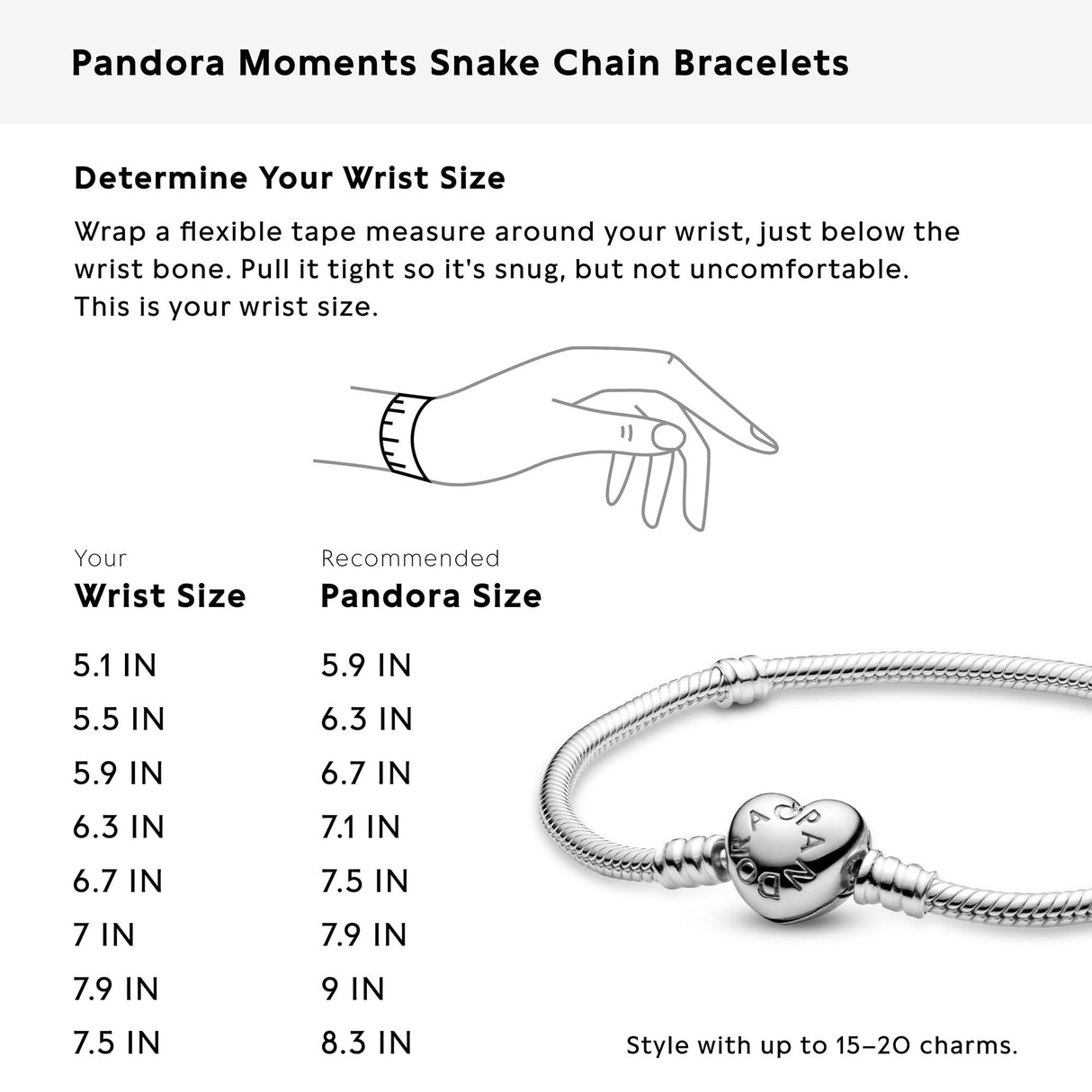 PANDORA Heart Clasp Snake Chain Bracelet - Heart Clasp - Romantic Jewelry for Her with Gift Box - Compatible Moments Charms - Sterling Silver - 9"