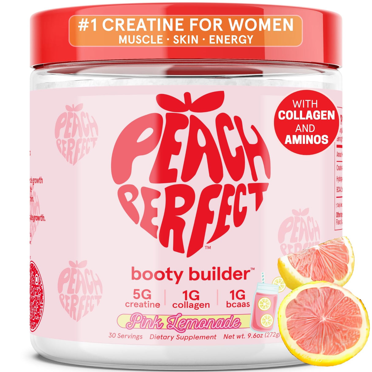 Peach Perfect Creatine Monohydrate Powder, Pink Lemonade, Glute Builder Creatine for Women with Collagen, BCAAs, 5g Vegan Micronized Creatine per Serving, for Energy, Muscle Support, 30 Servings
