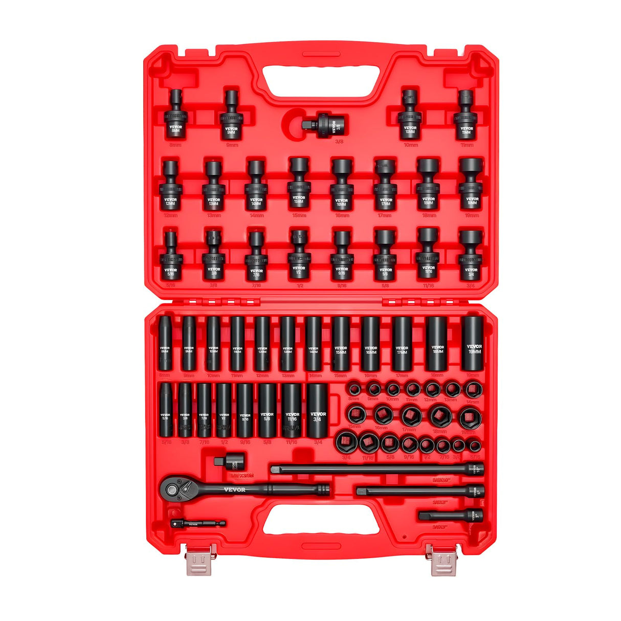 VEVOR Impact Socket Set 3/8" Drive, 67 PCS, CR-MO Swivel Sockets, SAE 5/16"-3/4" & Metric 8-19mm, 6 Point Shallow & Deep, Ratchet Handle, Extension Bars, Adapters, Universal Joint