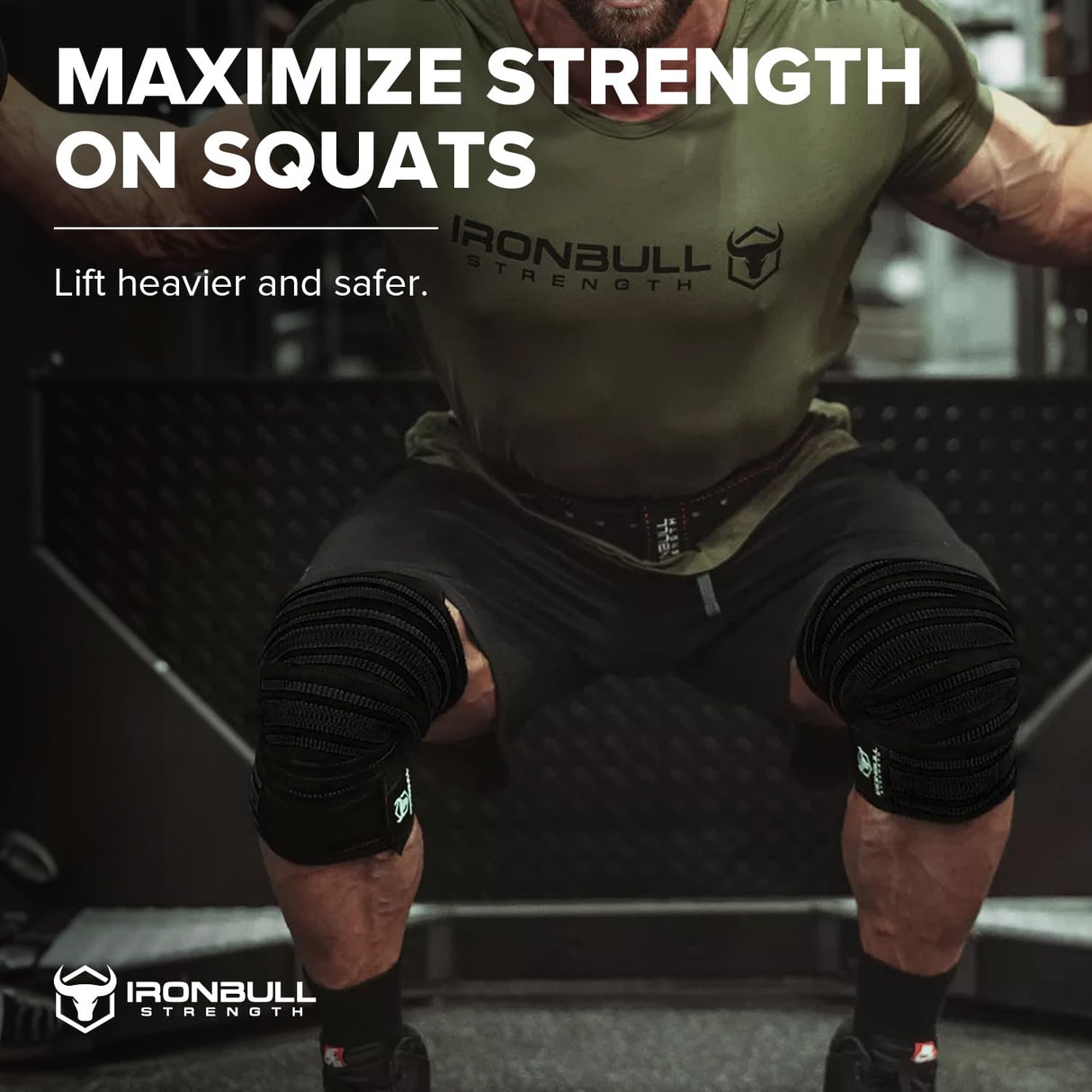 Iron Bull Strength Knee Wraps (1 Pair) - 80" Elastic Knee and Elbow Support & Compression - For Weightlifting, Powerlifting, Fitness, WODs & Gym Workout - Knee Straps for Squats (Black)