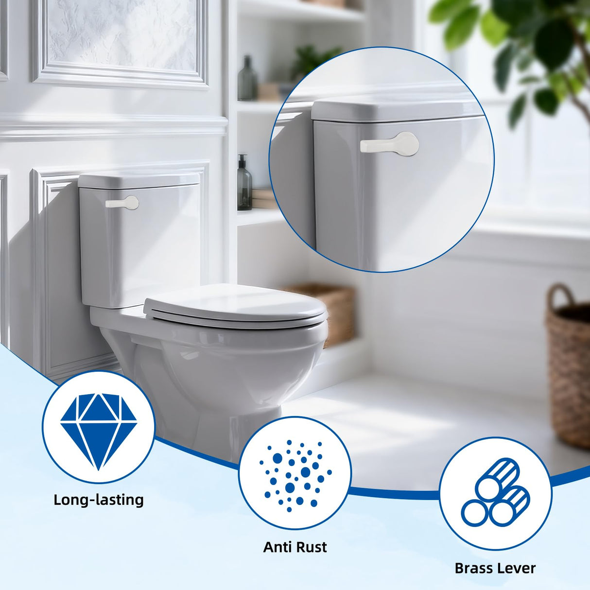 Hibbent Universal Front Mount Metal Toilet Handle Replacement Kit, Brass Toilet Tank Flush Lever with Stainless Steel Adjustable Flapper Chains for Most Toilets, White
