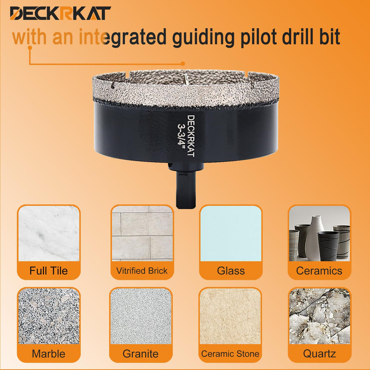 DECKRKAT 3-3/4"Diamond Hole-Saw Bits with Pilot Drill Bit - 3-3/4"Diamond Tipped Tile Hole Saws with Guiding Bit Accurate Drilling for Porcelain Tile Ceramic Pottery Granite Stone Glass Bottles 95mm