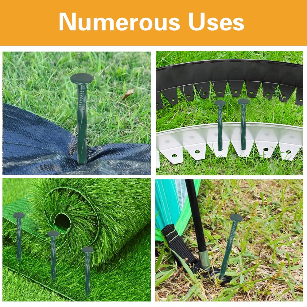 Bakulyor 100 Pack Metal Landscape Stakes, 8 Inch Artificial Grass Nails, 6 Gauge Large Landscaping Staples, Green Edging Anchor Stake for Garden Ground Lawn Paver Timber Border Weed Barrier Spikes 8"
