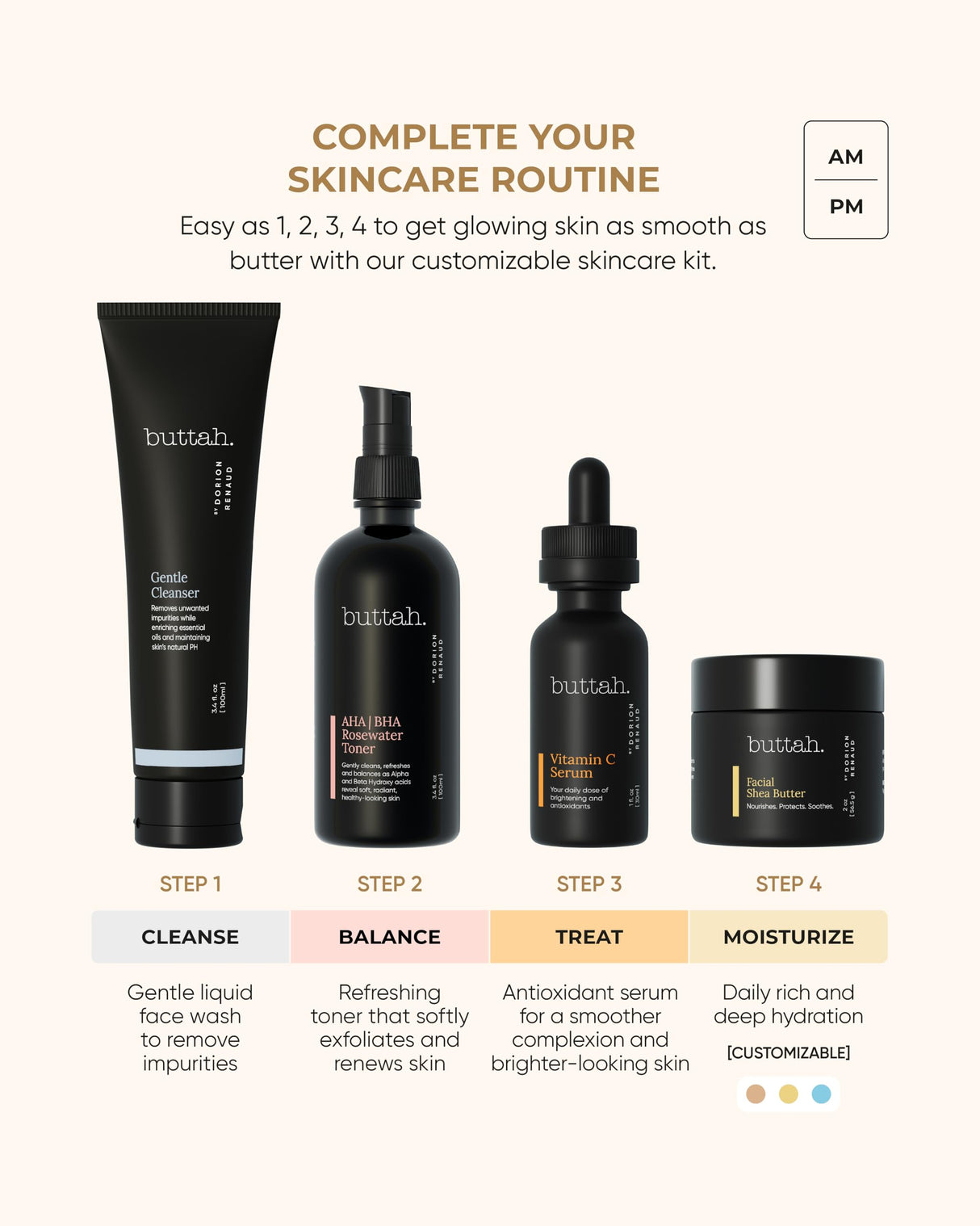 Buttah Skin Supreme Kit for Melanin Rich Skin | Facial Shea Butter 2 oz | Vitamin C Serum 1 oz | Cleanser 3.4 oz | Rosewater Toner 3.4 oz | Black Owned Skincare