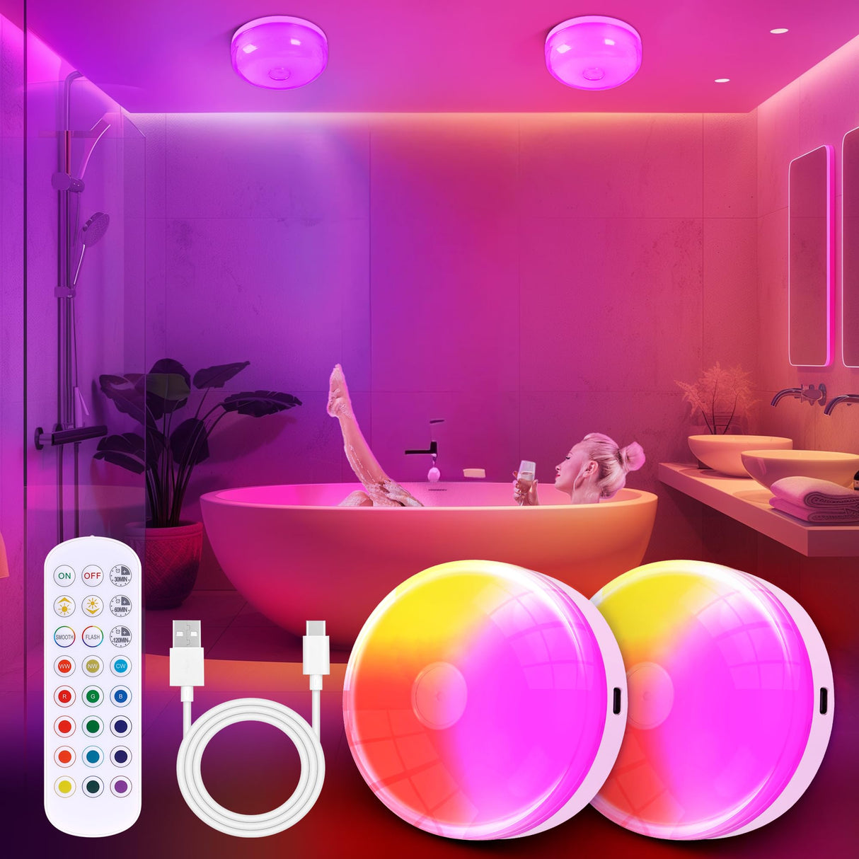 2-Pack Rechargeable Shower Light No Wiring, 15 RGBW Color Changeable Waterproof Lights for Shower with Remote(Dimmable&Timer), LED Light for Inside Shower, Wireless Mood Lighting for Bathroom, White