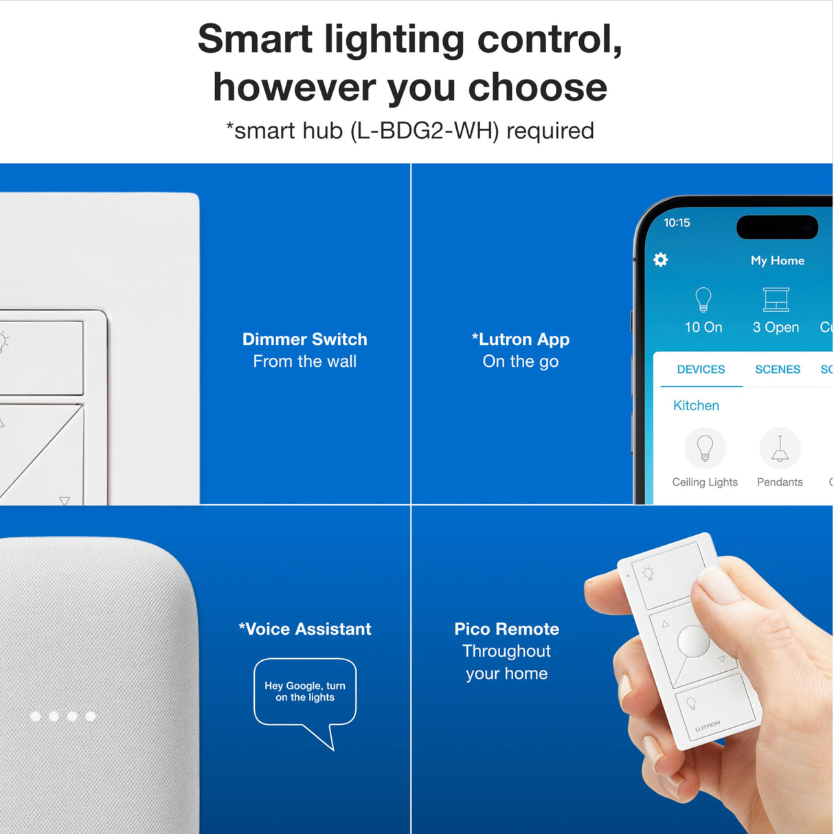 Lutron Caseta Original Smart Dimmer Switch, LED Dimmer Switch, 150W, Single-Pole/3-Way, No Neutral Required, Works with Alexa, Apple Home, Ring, & Google Home, PD-6WCL-WH, White