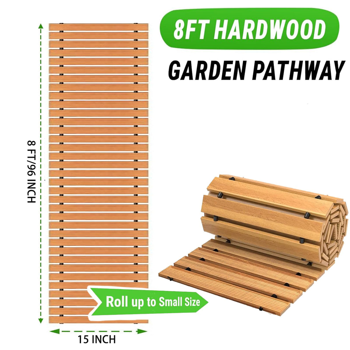 Wooden Garden Pathway Outdoor Walkway - 12 FT Roll Out Outdoor Pathway with Ground Stakes, Boardwalk Pavers for Outside Walkway, Non-Slip Garden Path for Backyard Decor, Lawn Landscaping, Natural