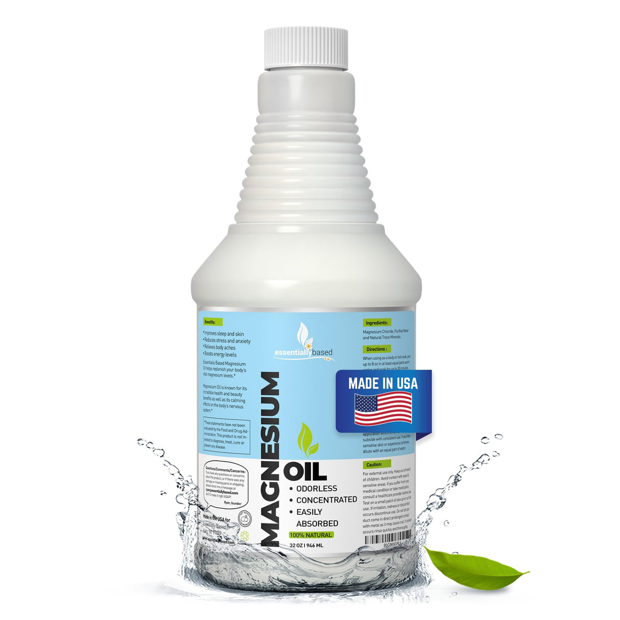 Pure Magnesium Oil Spray 32oz - Topical Magnesium Spray for Sleep Extra Strength - Less Sting - Less Itch - 100% Natural and Organic Oil - Made in USA