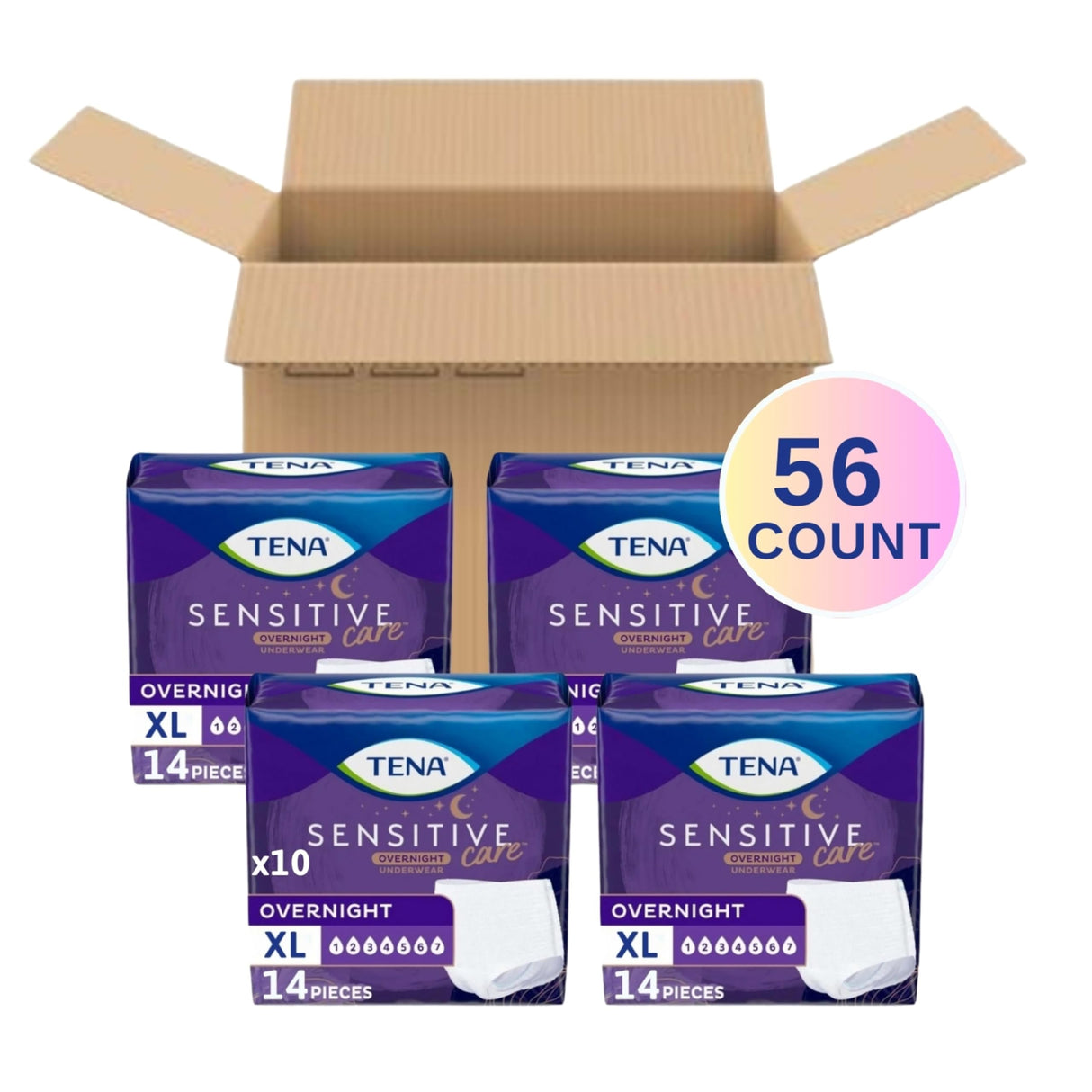 TENA Sensitive Care Overnight Incontinence Underwear for Women, Bladder Control and Postpartum, Extra Large, 56 Count (Waist Size 39in-52in)