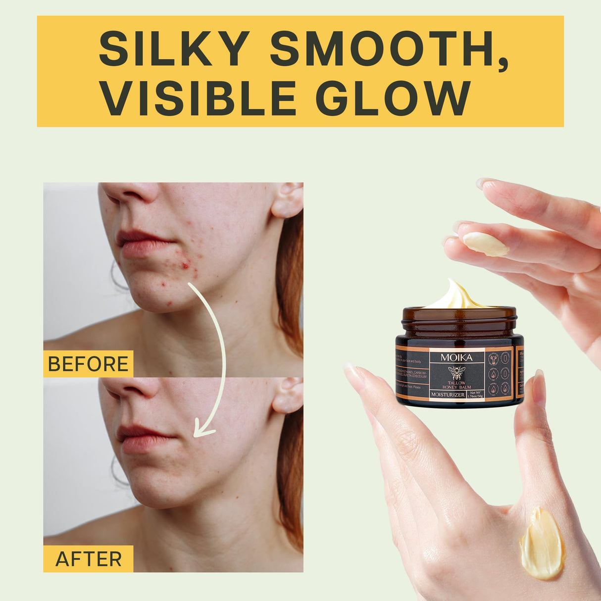 VRAIKO Tallow Honey Balm, Grass-Fed Beef Tallow Raw Honey Organic Olive Oil Moisturizing Cream for Face and Body, Handmade Natural Moisturizer for Soft Smooth Skin, 50g/1.8 oz