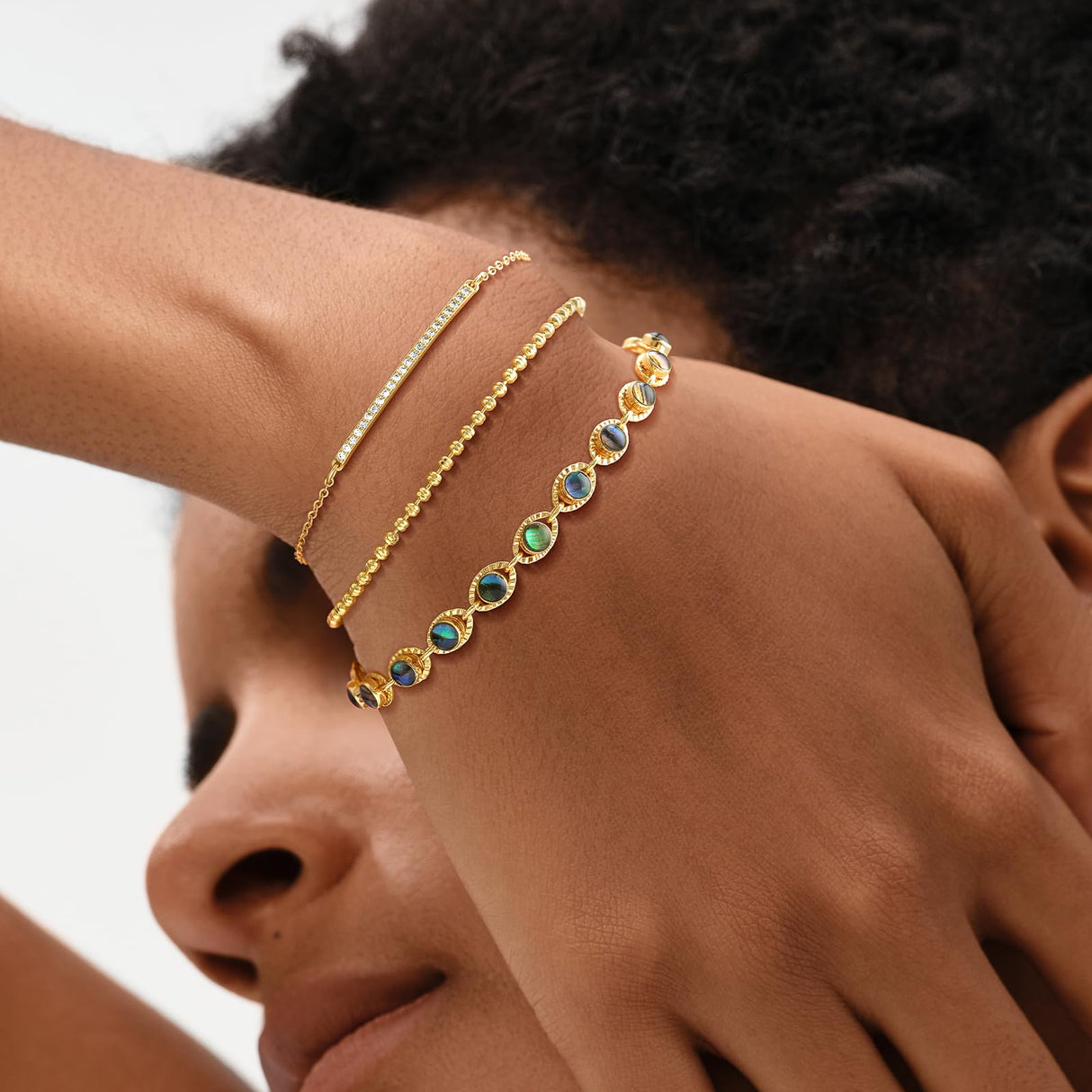 MEVECCO Bracelet for Women Gold Evil Eye Link Round Shell Dianmond-cut 14K Gold Plated Dainty Chain Simple Protection Jewelry