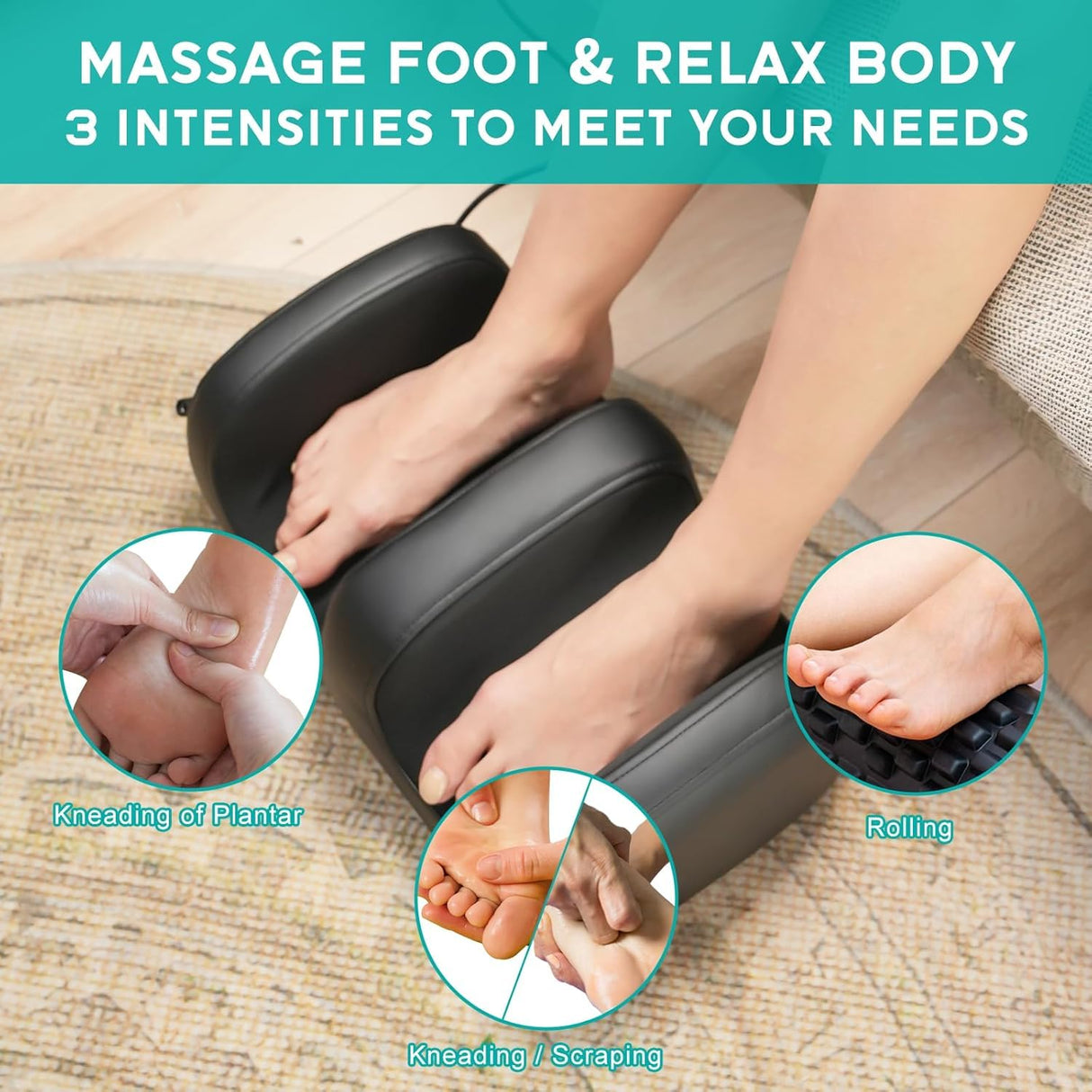 MASGRE Electric Foot Massager Machine with Heat, Shiatsu Kneading Feet and Calf Massagers for Relaxation, Plantar Fasciitis Relief, Deep Tissue Massage, Gifts for Mom & Dad, Wired Remote