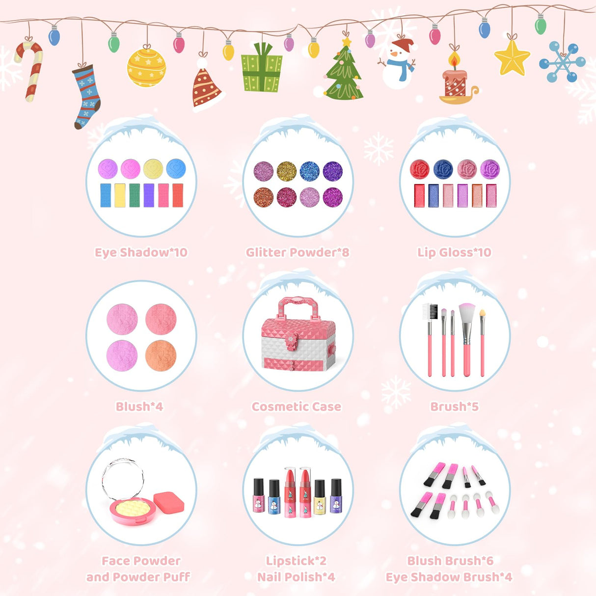 GirlsHome Kids Makeup Set for Girl 56 Pcs Washable Real Cosmetic, Non-Toxic Frozen Toys Toddler Makeup Kit, Frozen Princess Dress up Kit Christmas & Birthday Girl Gift for 3-12 (Frozen Pink)