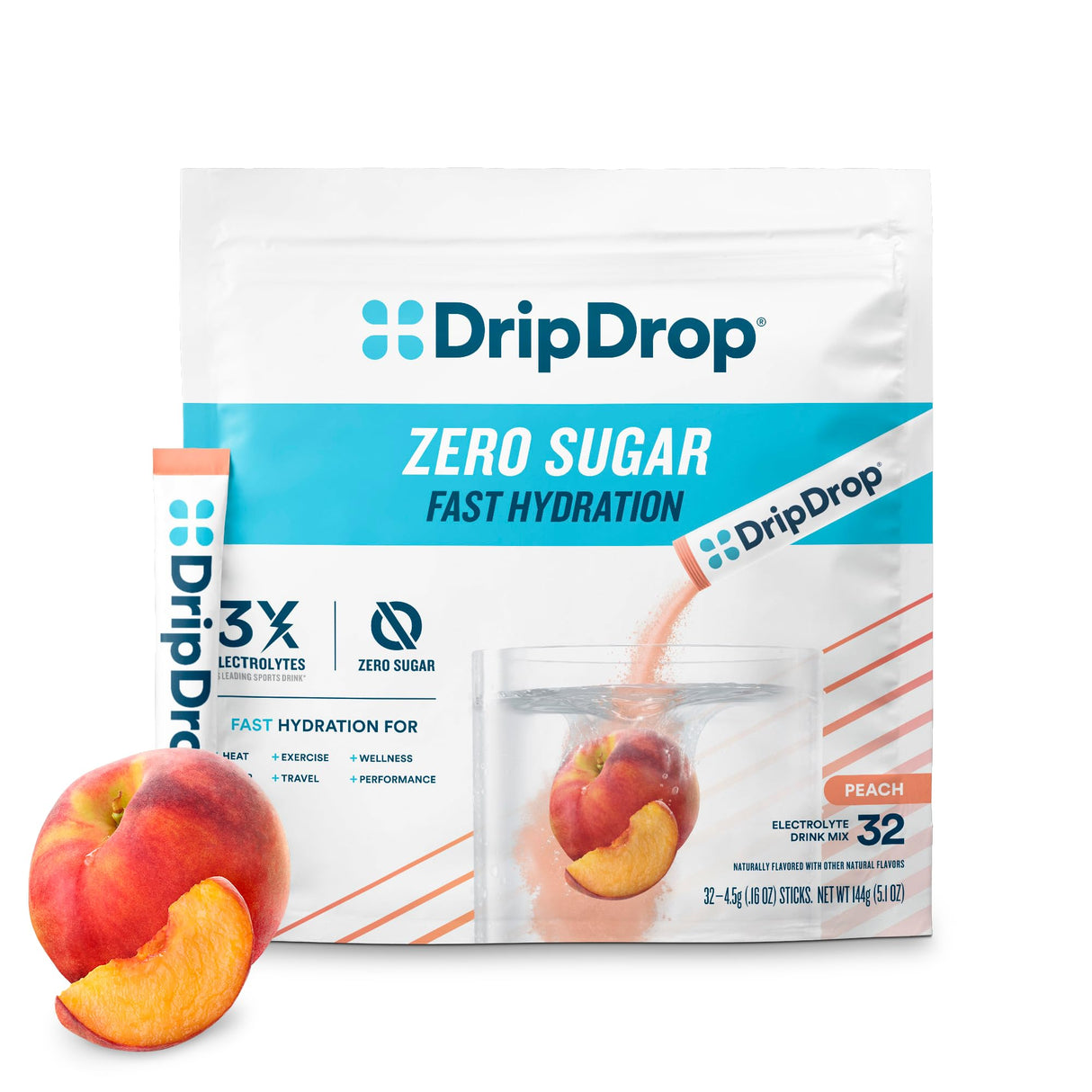 DripDrop Sugar Free Hydration Packets - Zero Peach - Single Serve Electrolytes Powder Drink Mix - Non-GMO, Gluten Free, Vegan - 32 Sticks