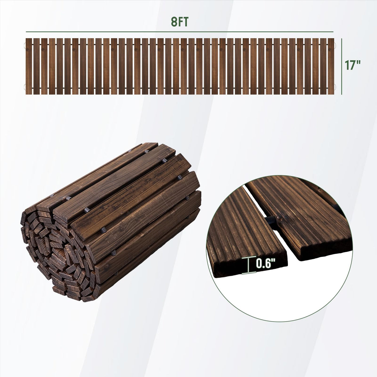 Wooden Garden Pathway 8 FT Outdoor Roll Out Wood Walkway (Carbonized)