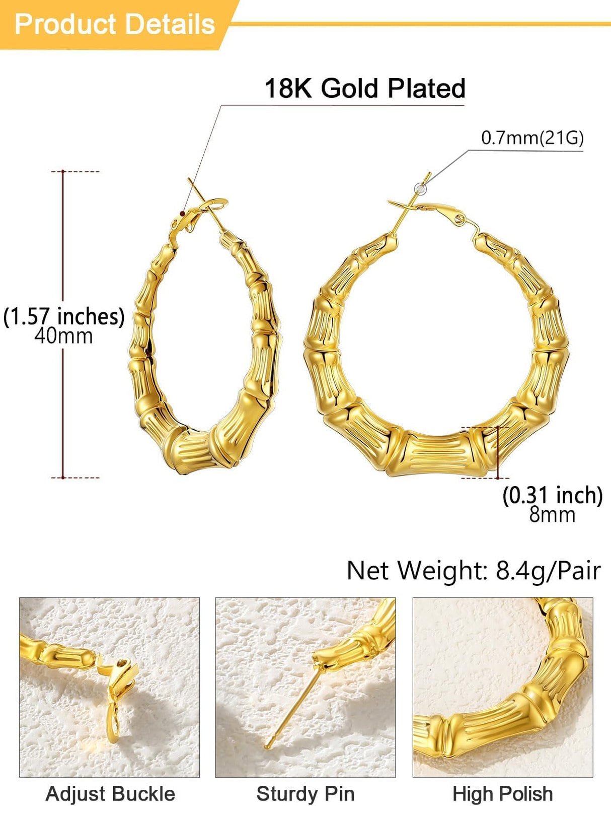 Party Jewelry 18K Gold Plated Lightweight Tube Bamboo Hoop Earrings for Women