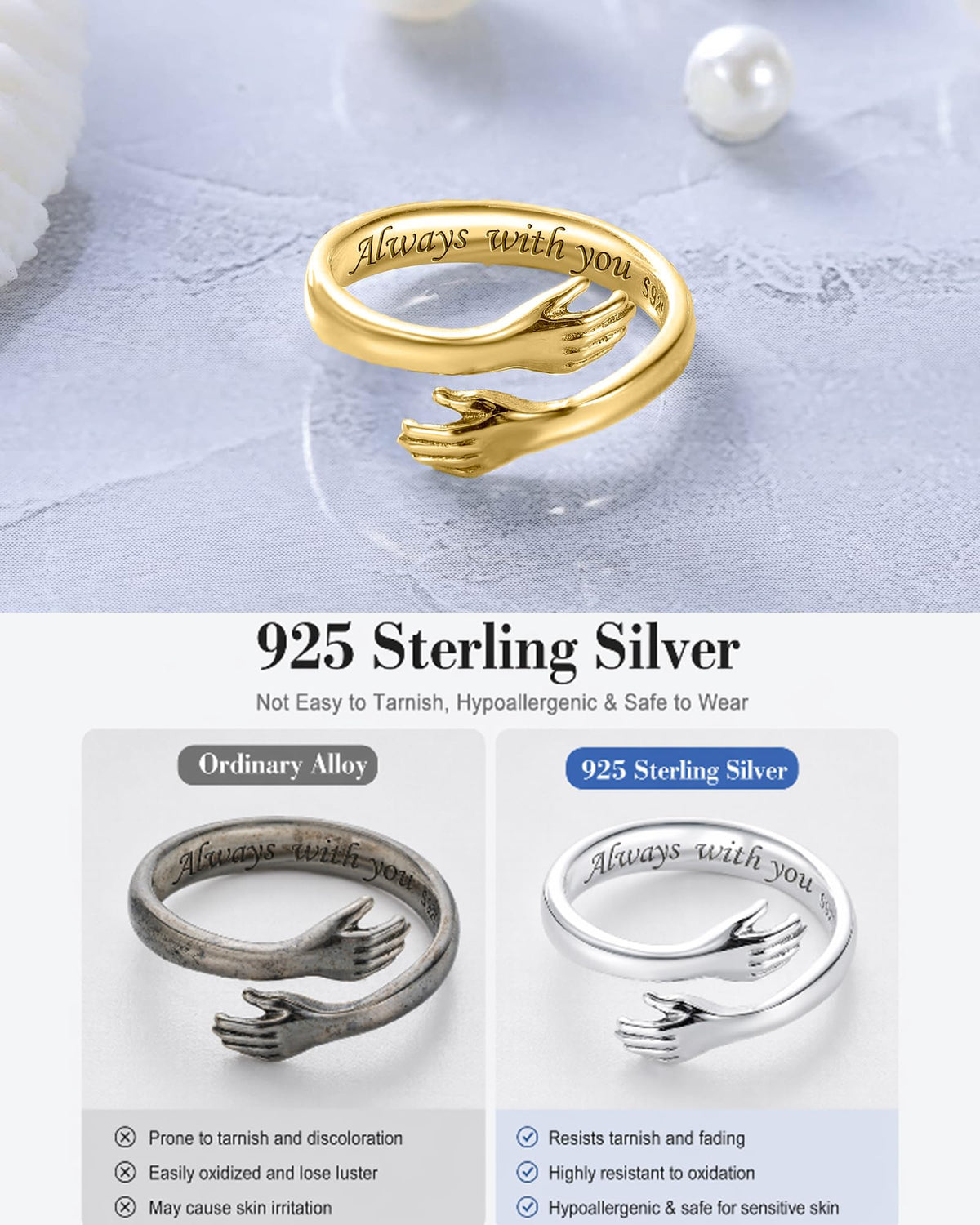 LOVECOM Gold Plated Hug Ring for Women Daughter Granddaughter Non Tarnish