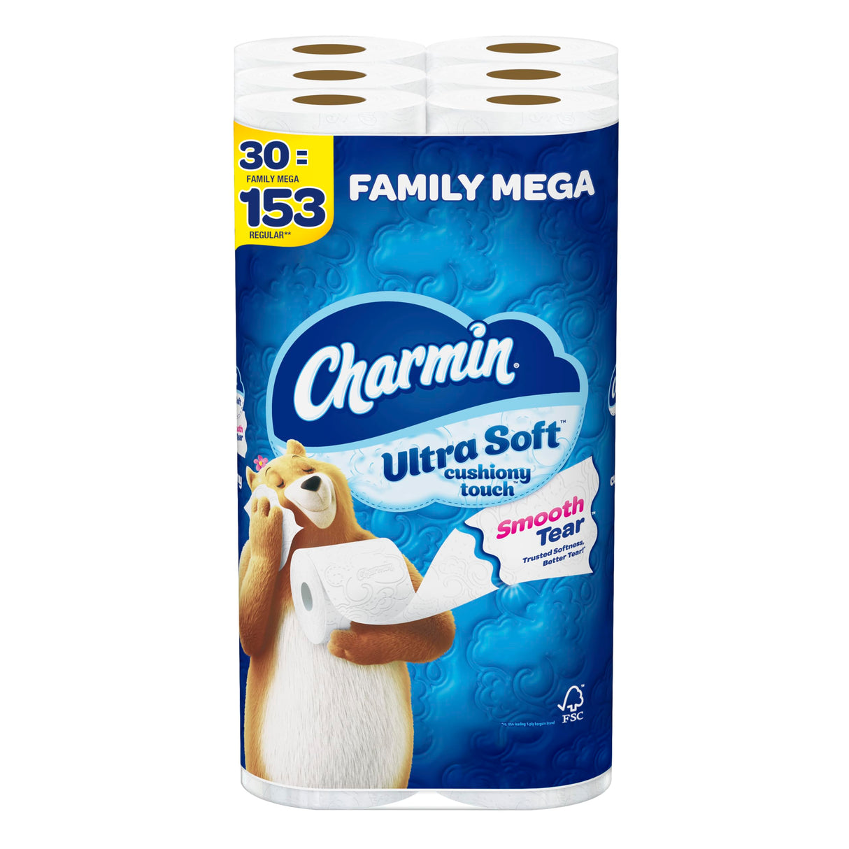 Charmin Ultra Soft Cushiony Touch Toilet Paper, 30 Family Mega Rolls = 153 Regular Rolls