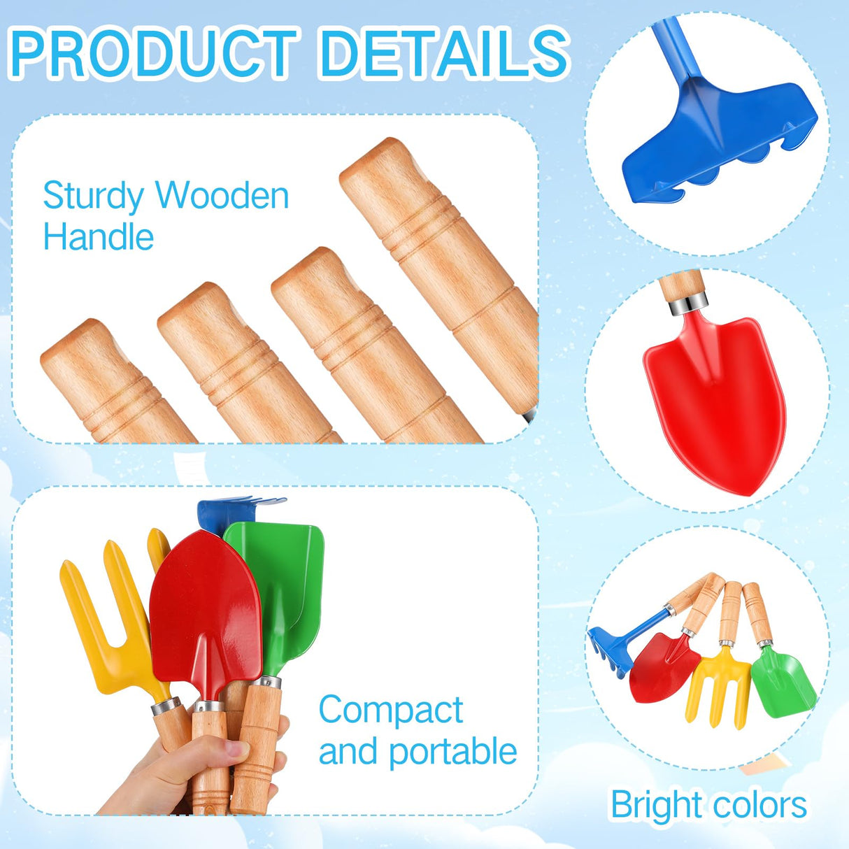 Motionchic 24 Pcs 8" Kids Gardening Tools, Metal Beach Sandbox Digging Toys with Wooden Handle, Including Shovel, Rake, Fork and Trowel, Garden Sand Snow Tools for Children Gift Outdoor Gardening