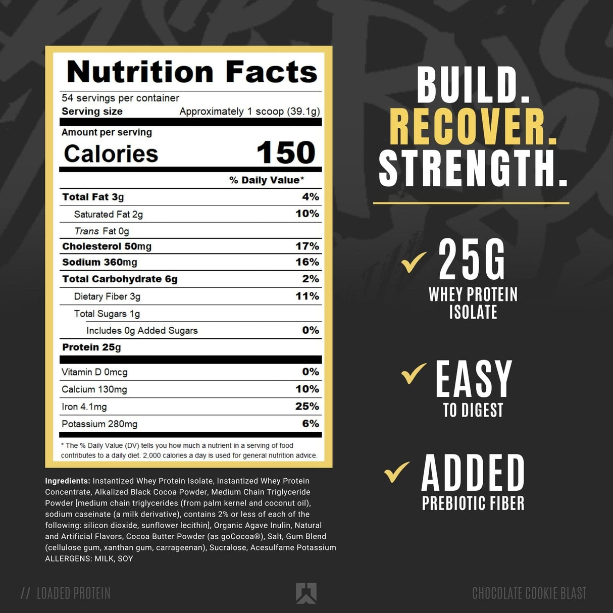RYSE Loaded Protein Powder - Chocolate Cookie Blast - 25g Whey Protein Isolate & Concentrate with Prebiotic Fiber & MCTs - Low Carb, Low Sugar, Digestive-Friendly - 54 Servings / 4 lb Tub