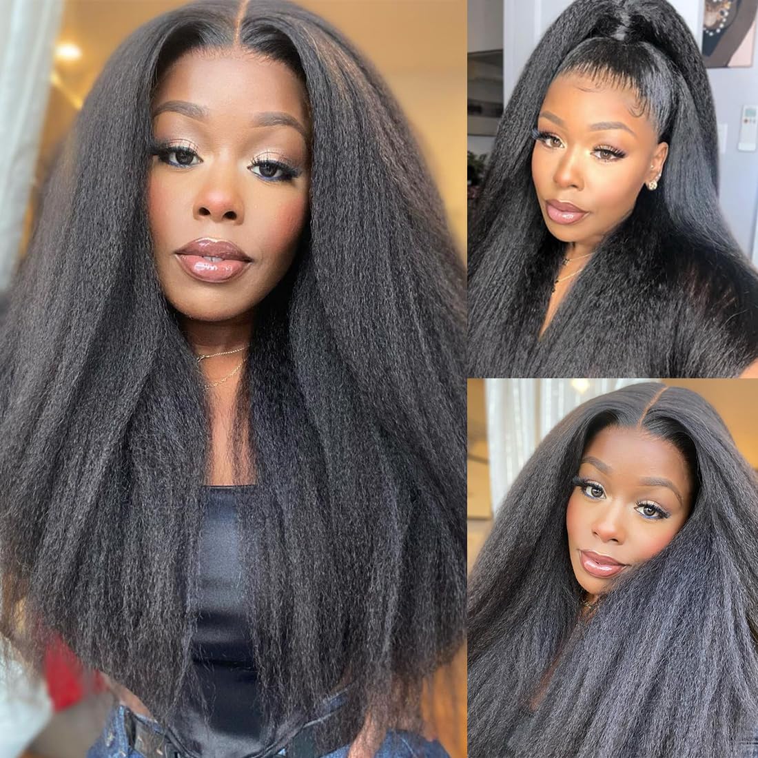Ladoux 13x6 Lace Front Kinky Straight Wig HD Transparent Yaki Straight Frontal Closure Human Hair Wigs for Women 20Inch 180% Density Glueless Wig Pre Plucked With Baby Hair