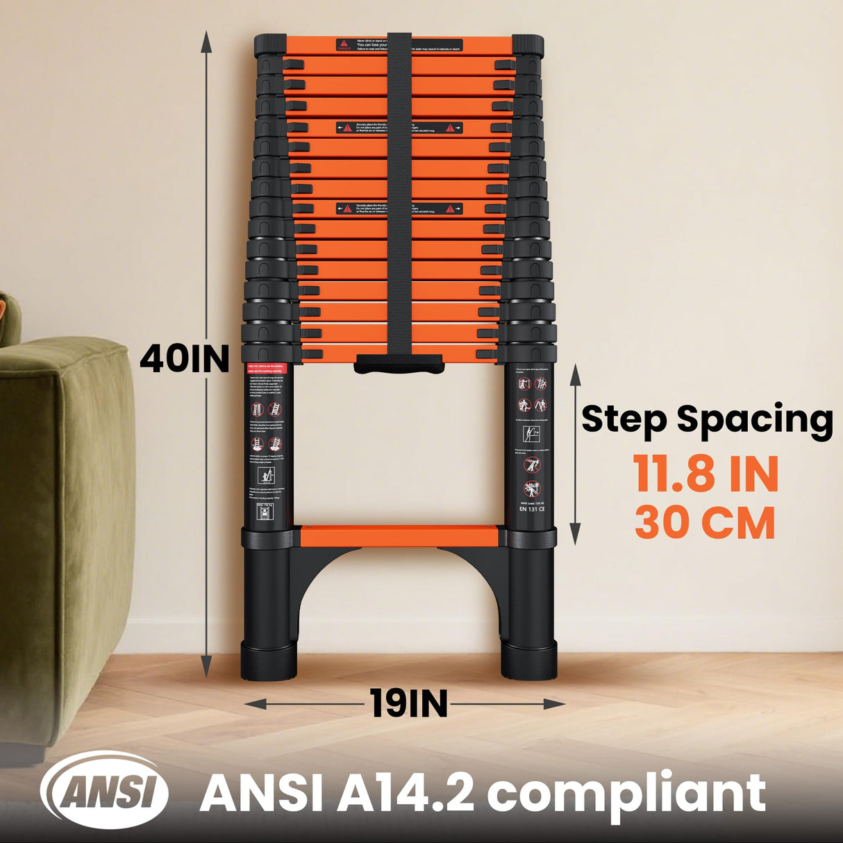 SINMEIRUN 16.5 FT Telescoping Ladder with 11.8" Step Spacing, ANSI Certified, Type IA Heavy Duty, 330lbs Max Capacity, Aluminum Extension Ladder for Home, Roof, RV; Orange