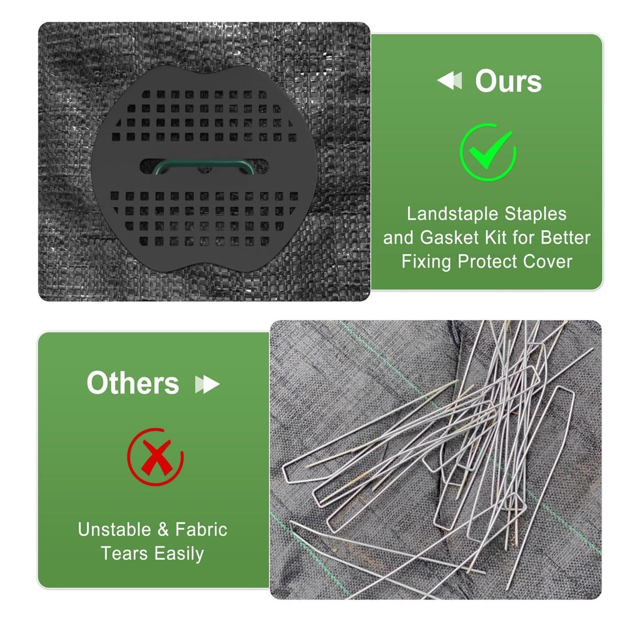 FOTMISHU Landscape Staples 6Inch 50pcs Garden Stakes + 50pcs Gasket, Lawn Pins with Spray Coating Craft, 11Gauge Anti-Rust Ground Yard Spikes Anchoring for Outdoor Tents Irrigation Hoses (Green)