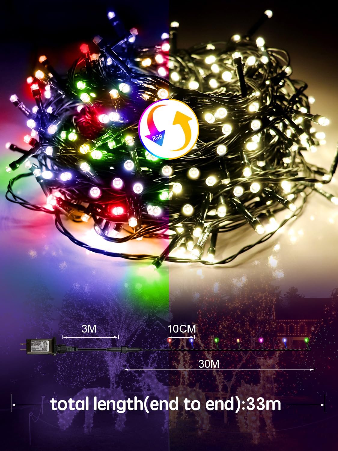 Acan 115FT Christmas Lights Warm White/Multicolor, 300 LED Color Changing String Lights Outdoor with Remote Control, 8 Modes Fairy Light Plug in Waterproof for Bedroom Party Christmas Tree Wedding