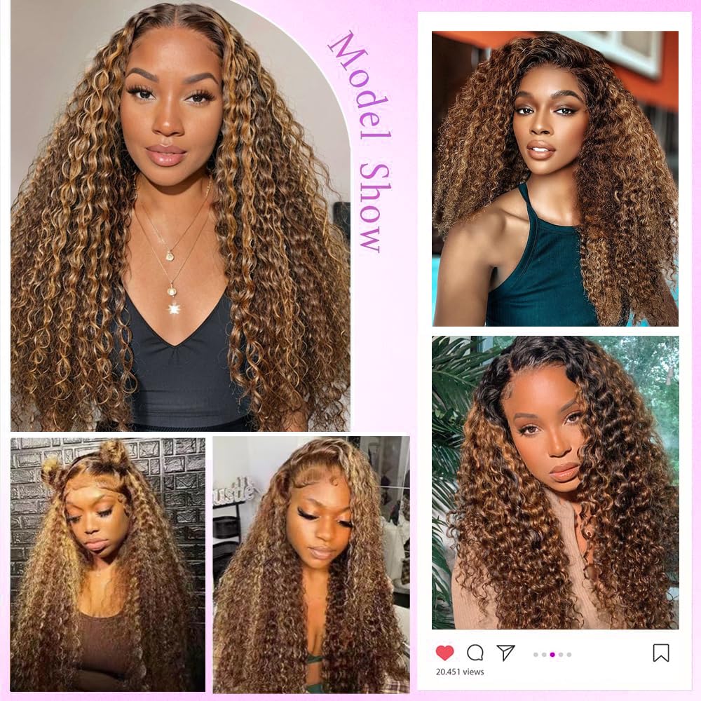 13x6 Highlight Ombre Lace Front Wigs Human Hair P4/27 Honey Blonde Lace Frontal Wigs Human Hair 180 Density Colored deep Curly HD Lace Front wigs Human Hair Wig Pre Plucked with Baby Hair 24 inch
