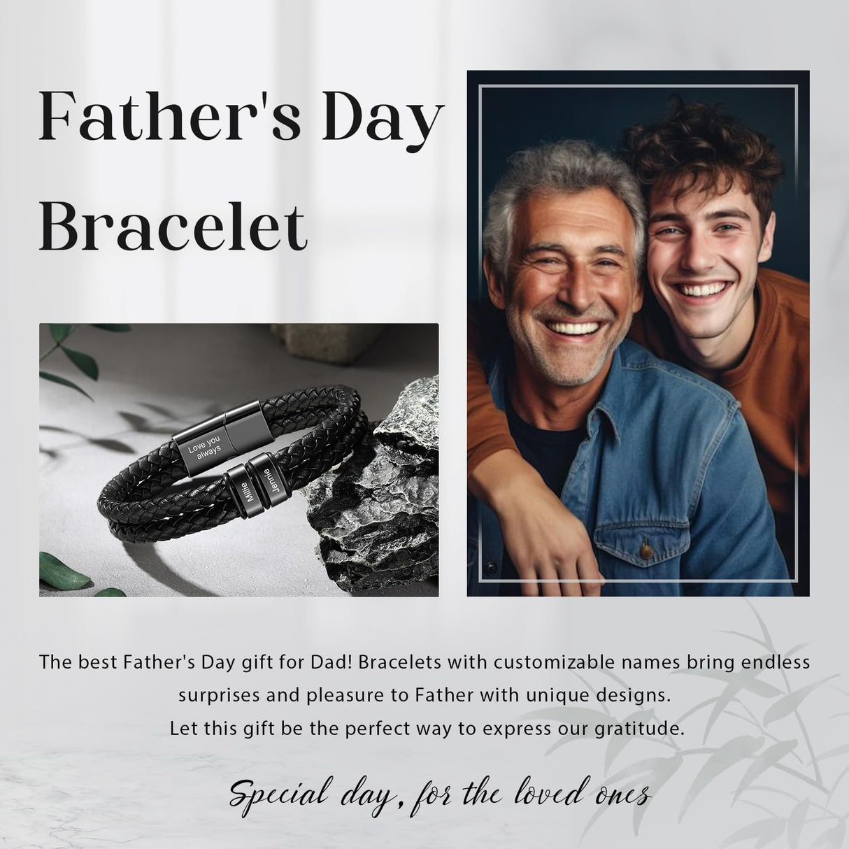 Aiemghsde Personalized Custom Name Bracelets for Men - Mens Leather Bracelet with 2-6 Family Names,Customized Bracelet Father's Day Dad Gifts for Husband Son (2 Names)