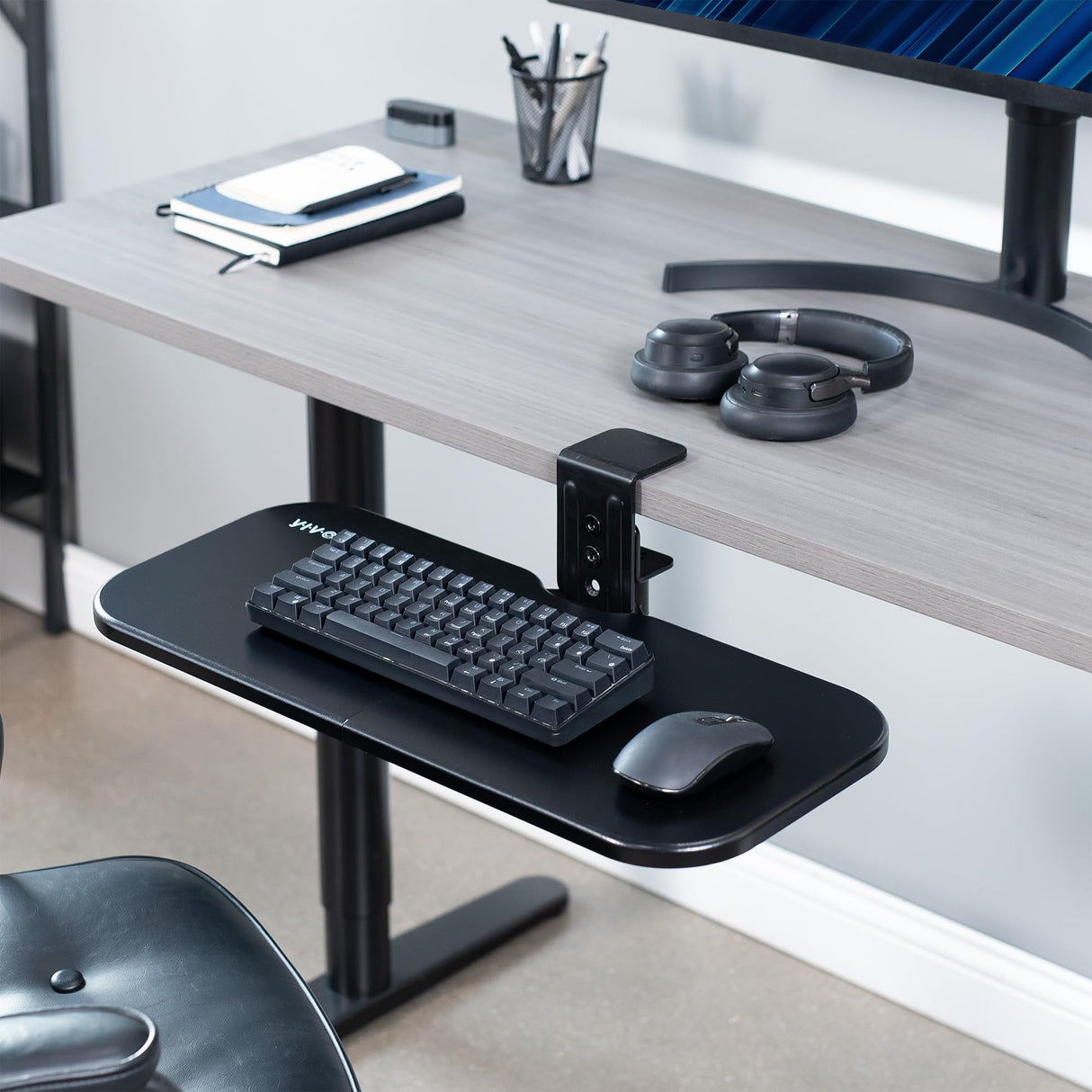 VIVO Clamp-on 23 x 10 inch Rotating Computer Keyboard and Mouse Tray, Extra Sturdy Desk Swivel Clamp, Ergonomic Typing, Black, MOUNT-KB04CB