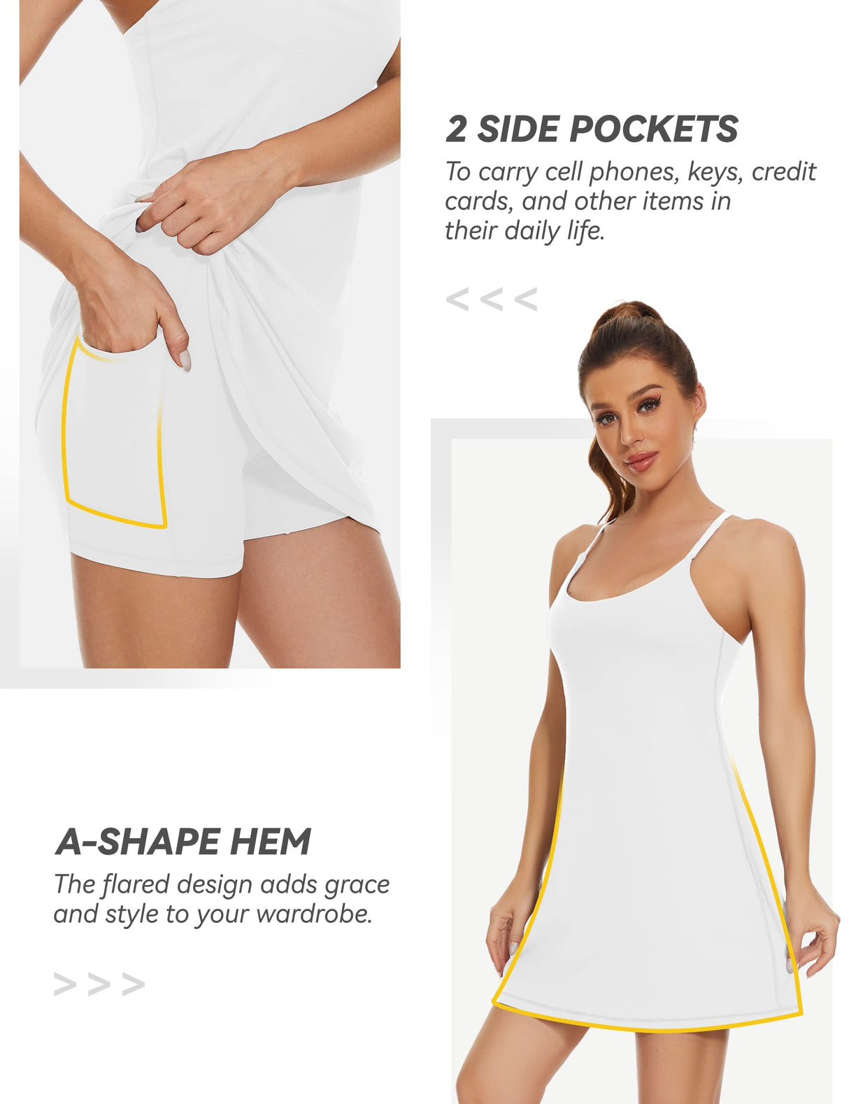 Womens Tennis Dress, 2-in-1 Golf Workout Dress with Built-in Bra & Shorts Pockets, Athletic Dresses with Adjustable Strap B-White