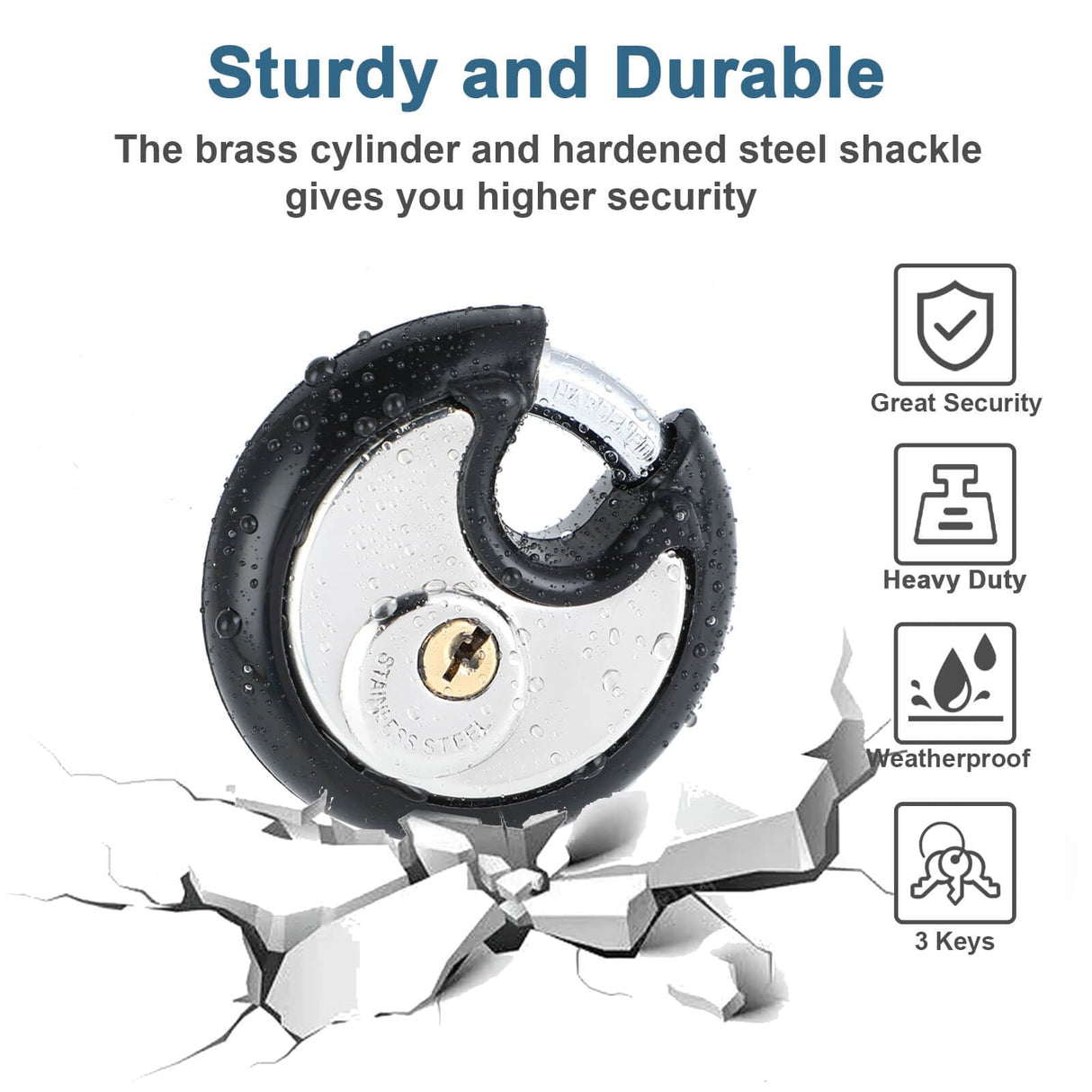 DAYGOS Heavy Duty Padlock with 8 Keys, 70mm Disc Keyed Lock for Storage Shed, Garage, Storage Lockers, Sliding Doors, Tool Box, and Cabinets (4 Pack Keyed-Alike, 3/8-Inch Shackle, Rubber Bumper)