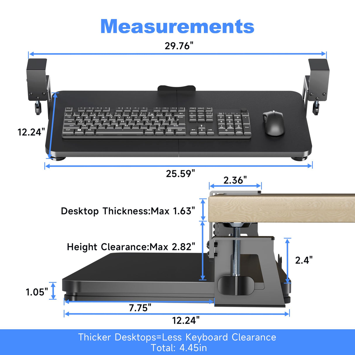 XINLEI Keyboard Tray Under Desk Large C-Clamp 25.6” (30” Including Clamps) x 11.8” Slide-Out Platform Computer Drawer Pull Out Keyboard & Mouse Tray Black DSF4