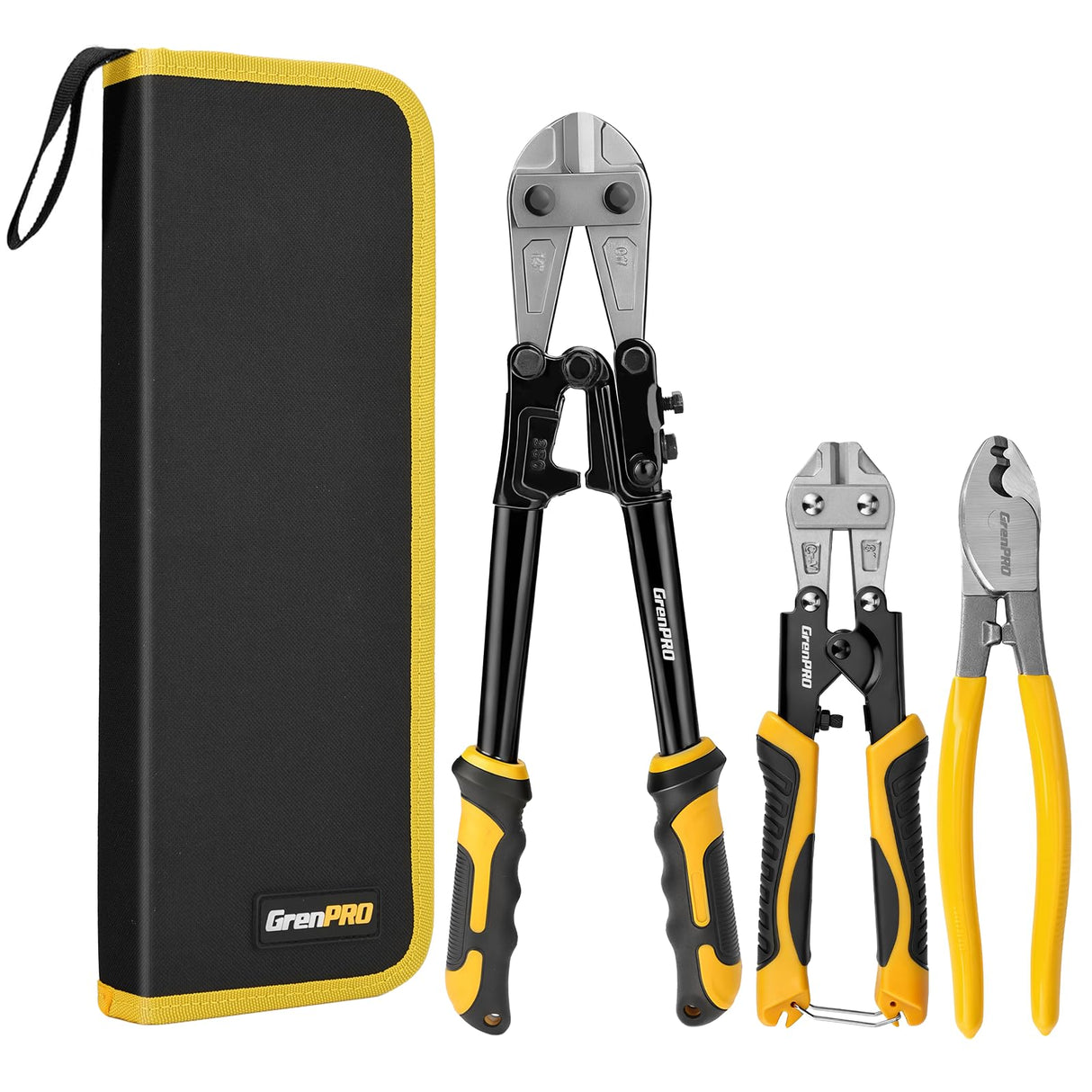 GRENPRO 3-Piece Bolt Cutter Pliers Set, 14" Heavy Duty Bolt Cutter, 8" Mini Wire Cutter, 8" Cable Cutter with Carrying Bag, Cr-V Blade for Metal, Key, Lock, Craft & Hard Wire, Screw, Chains Hand tool