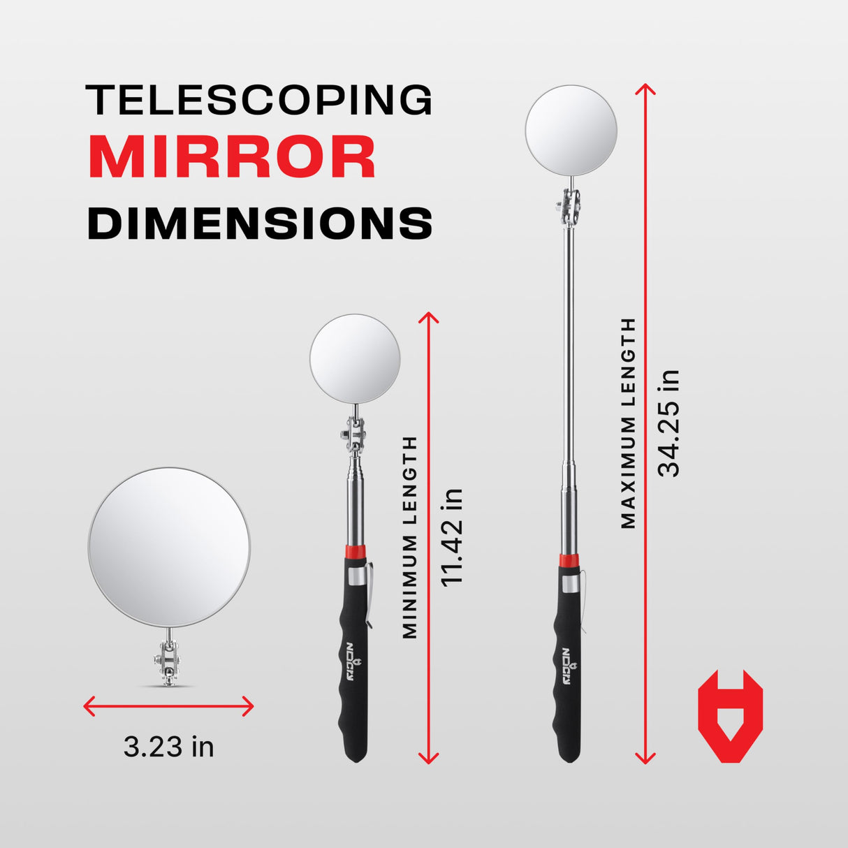 NoCry Heavy Duty Telescoping Inspection Mirror — 3.23 Inch Round Mirror on a Stick; 2-in-1 Storage Pouch; Extendable Mirror up to 30in; Non-Slip Handle; 360° Inspection Mirror Telescoping Swivel Head