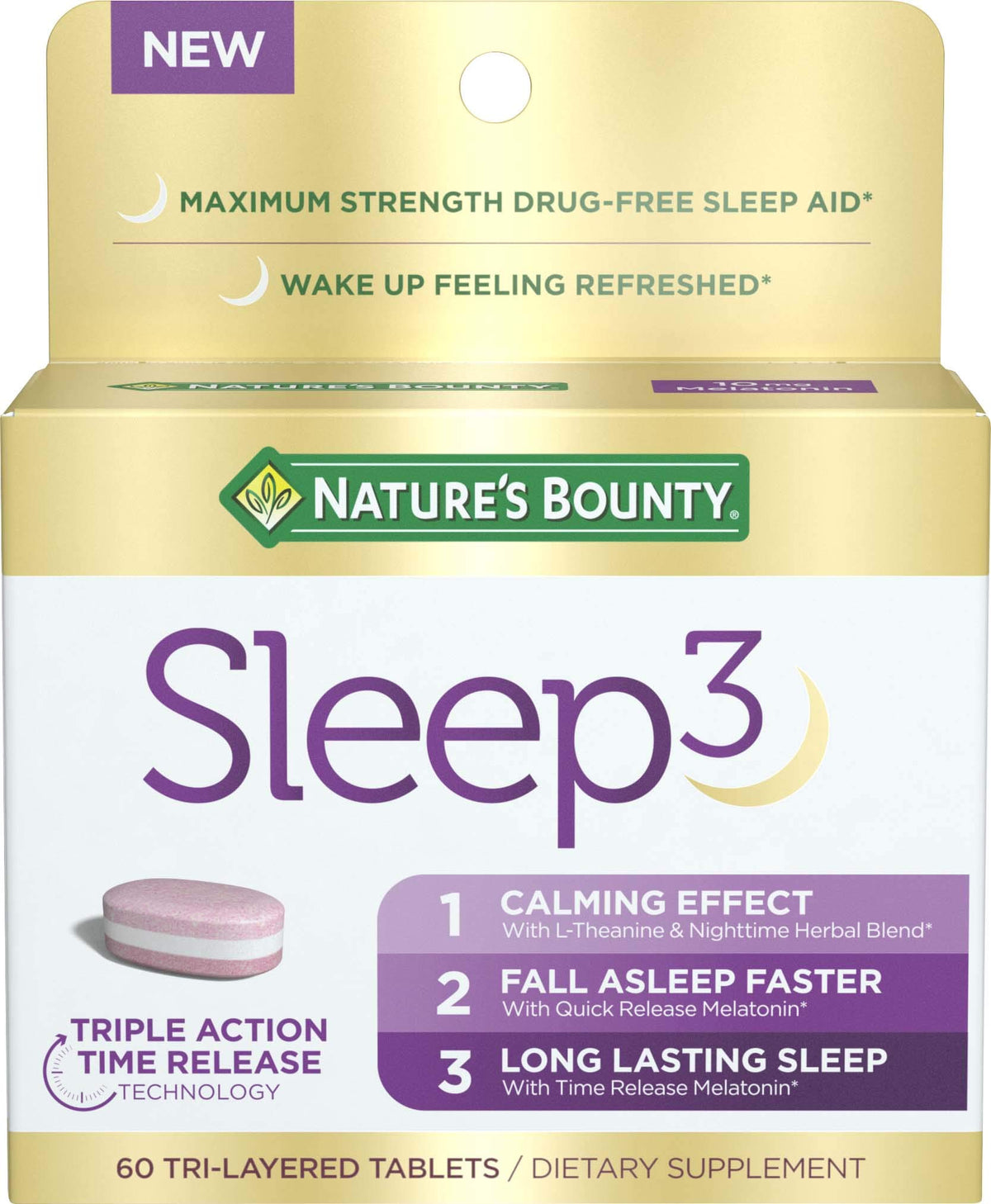 Nature's Bounty Sleep3 Melatonin 10mg, 60 Tri-Layered Tablets