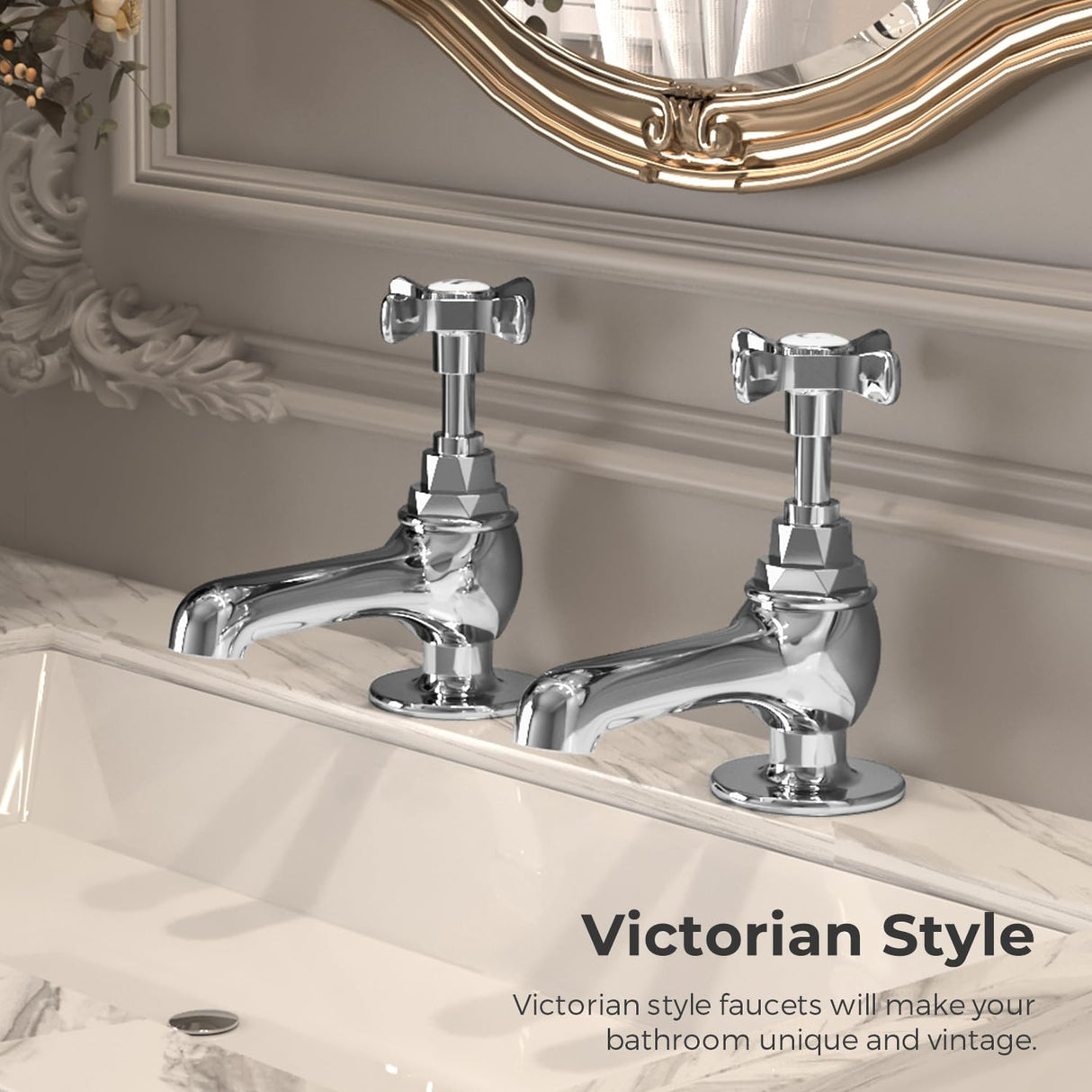VANCOCO Traditional Chrome Brass Basin Tap Pair 1/2", Victorian Style Hot and Cold Head Cross Lever Bathroom Sink Taps, Polished Chrome Brass Pillar Toilet Sink Wash Faucet Set of 2