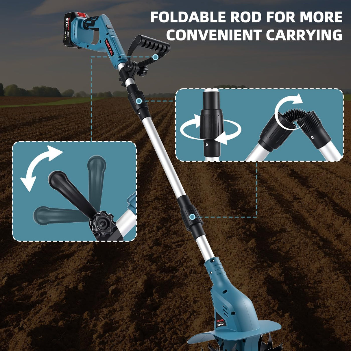 SHINTYOOL 21v Cordless Tiller Cultivator with 4.0 Ah Battery and Charger