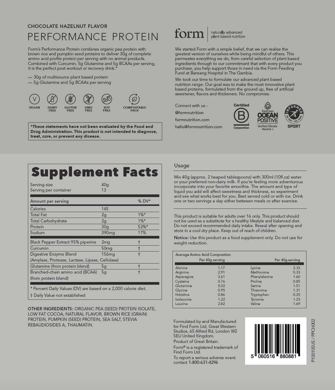 Form Performance Protein - Vegan Protein Powder - 30g of Plant Based Protein per Serving, with BCAAs and Digestive Enzymes. Perfect Post Workout. Tastes Great with Just Water! (Chocolate Hazelnut)