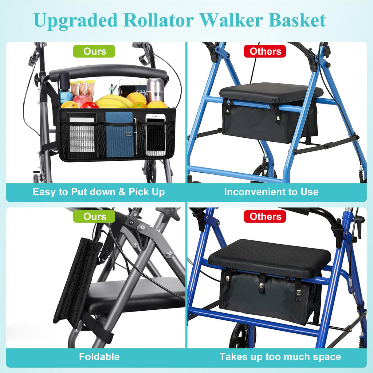 Dotday Rollator Basket with Cup Holder, Easy to Use Rollator Accessories Folding Storage Bag, Never Tipping Over