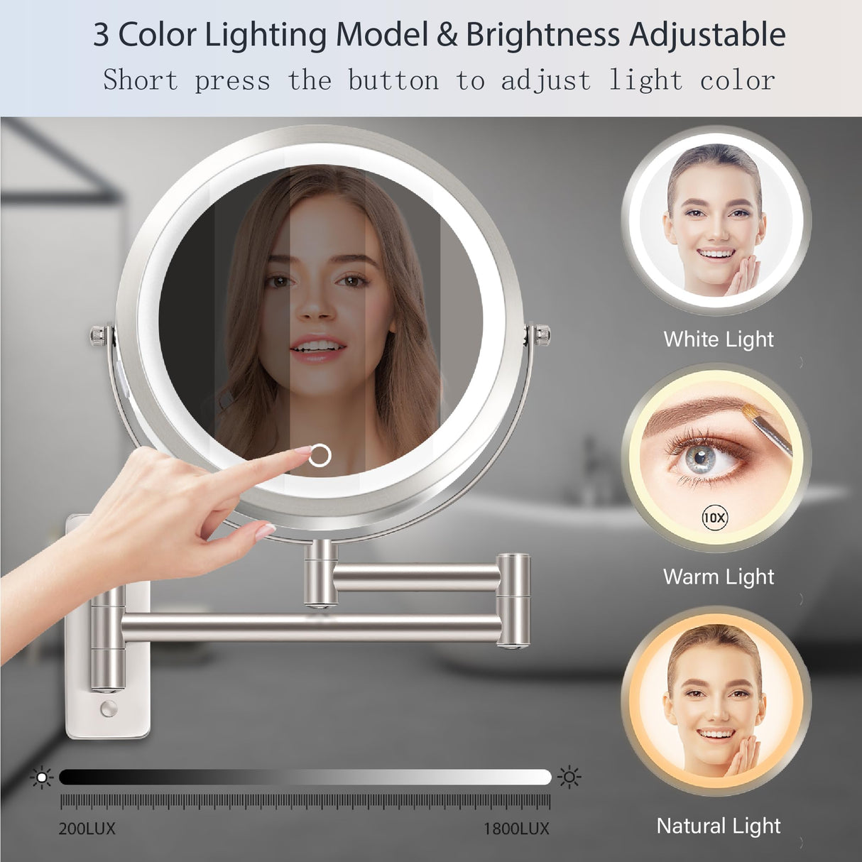9" Large 15X Rechargeable Wall Mounted Lighted Makeup Mirror Nickel, 5000mAh HD Magnifying Mirror with 3 Color Bright Lights Touch Screen Dimmable, 17" Extendable 360° Swivel Bathroom Vanity Mirror
