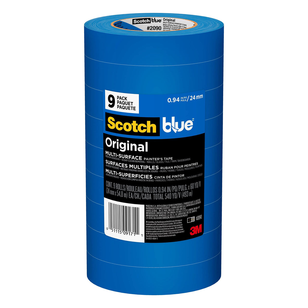 ScotchBlue Original Multi-Surface Painters Tape, 1 Inch Wide (0.94 In. x 60 Yds), 9 Rolls, Blue Paint Tape Protects Surfaces and Removes Easily, Masking Tapes for Indoor and Outdoor Use (2090-24AP9)
