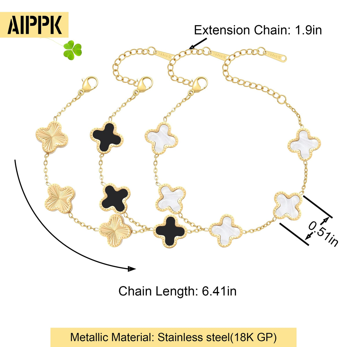 AIPPK 18K Gold Plated Clover Bracelet Set for Women Four Leaf Lucky Flower Bracelets Fashion Simple Jewelry Gifts for Women 3Pcs,white+black+gold