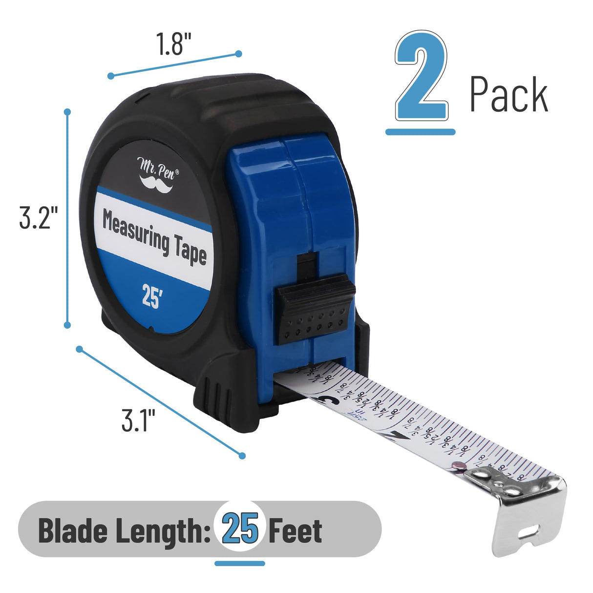 Mr. Pen- Retractable Tape Measure 25 ft, 2 Pack, Dark Blue, Easy Read, Steel Retractable Measuring Tape with Fractions, Ideal for Construction & DIY Projects