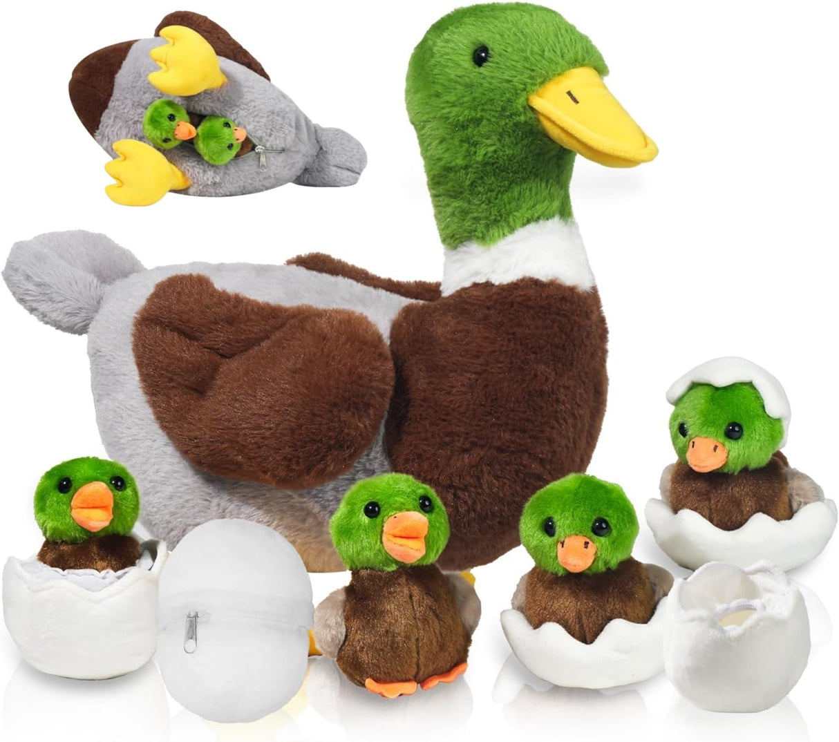 7 in 1 Mallard Duck Stuffed Animals Duck Plush Toys, 12" Zipper Mommy Stuffed Ducks with 4 Baby Ducks Ducklings Toy Eggs Plushies Pillow for Kids Birthday Christmas Surprise Gifts Farm Party Decors